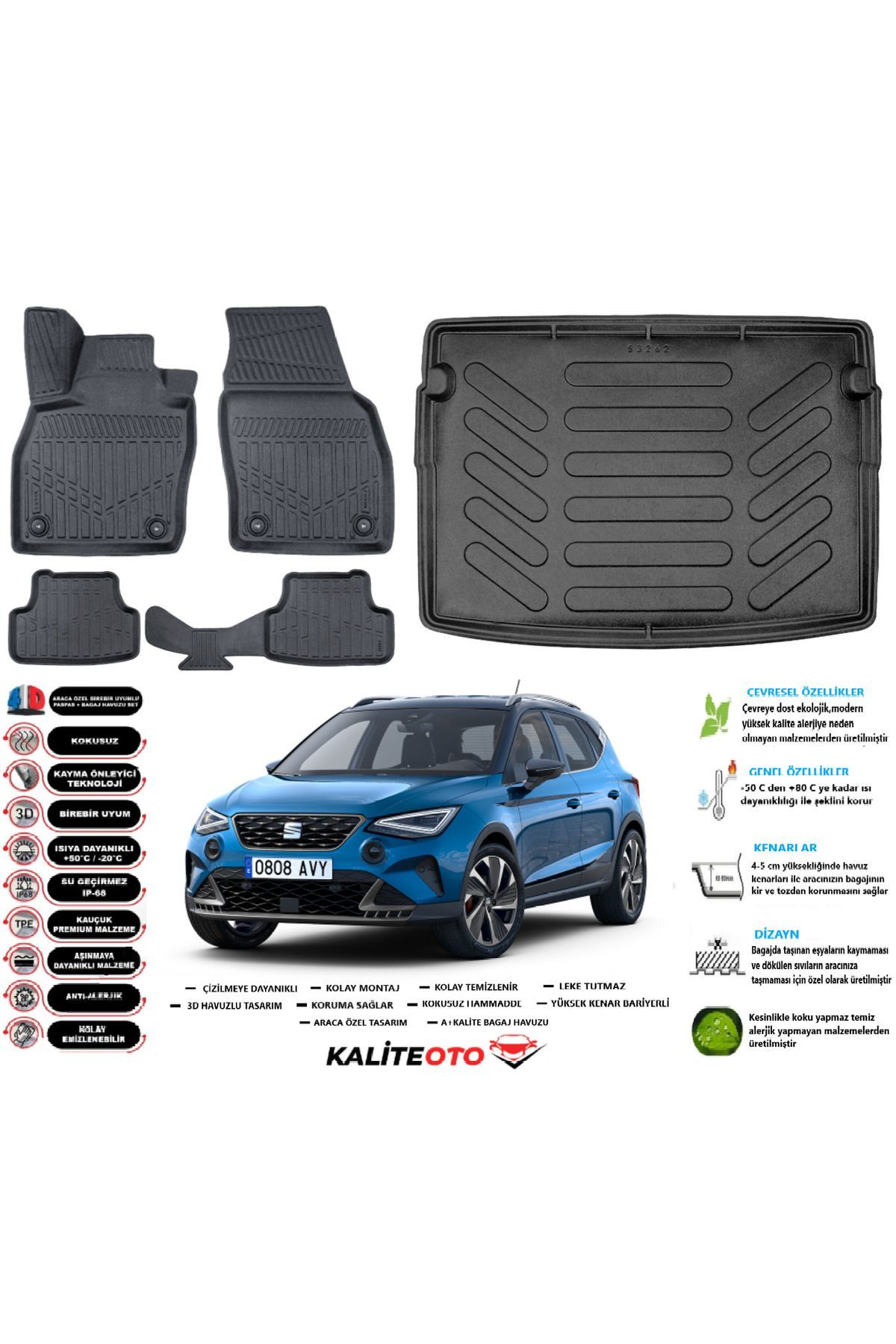 Seat Arona 2025 Model Üst Esnek Bagaj Havuzu Araca Özel Siyah Paspas Takımı