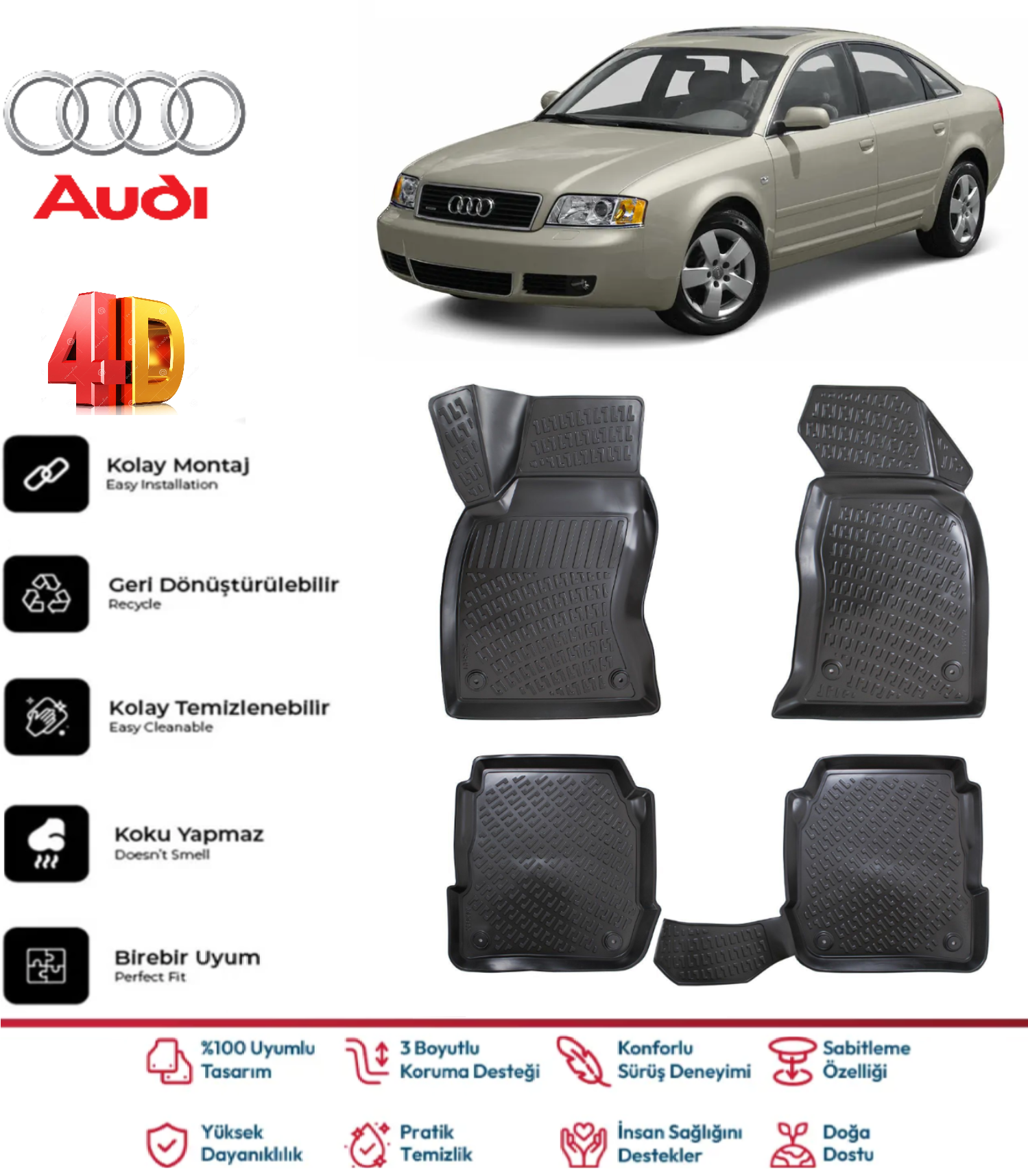 Audi A6 1997-2004 4.5D Plus Havuzlu Siyah Paspas Takımı Yumuşak