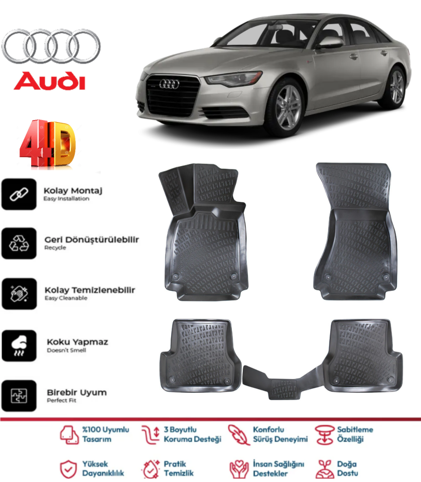 Audi A6 2011-2018 4.5D Plus Havuzlu Siyah Paspas Takımı Yumuşak