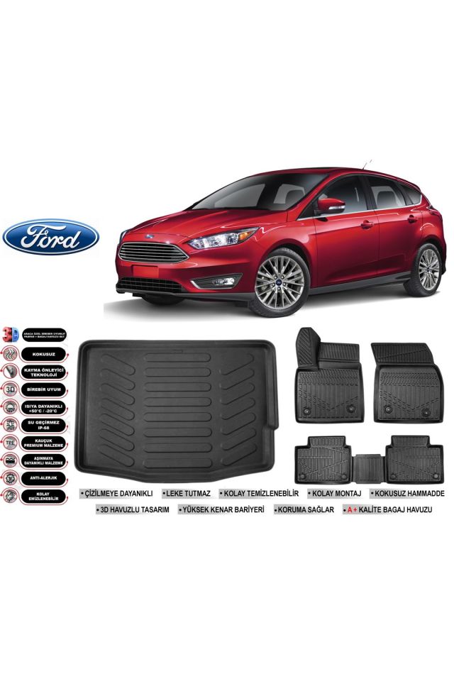 Ford Focus 3 Hatchback 2013 Model Bagaj Havuzu Araca Özel Siyah Havuzlu Paspas Takımı Sett