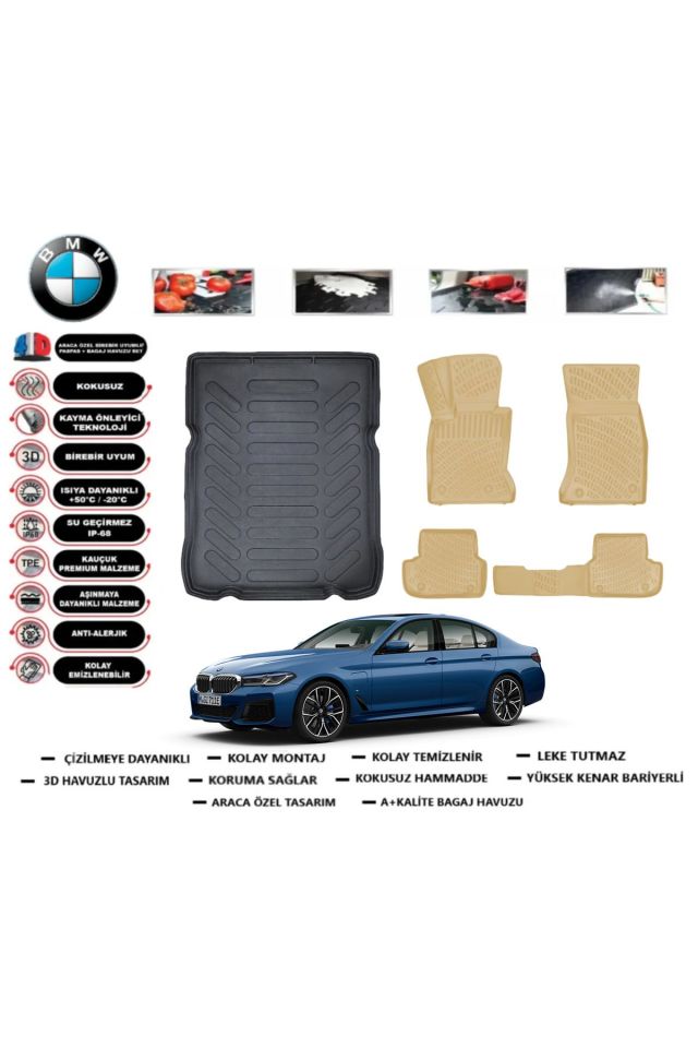 Bmw 5 serisi G30 2019 Model Bagaj Havuzu+Araca Özel Bej Paspas Takımı Flex