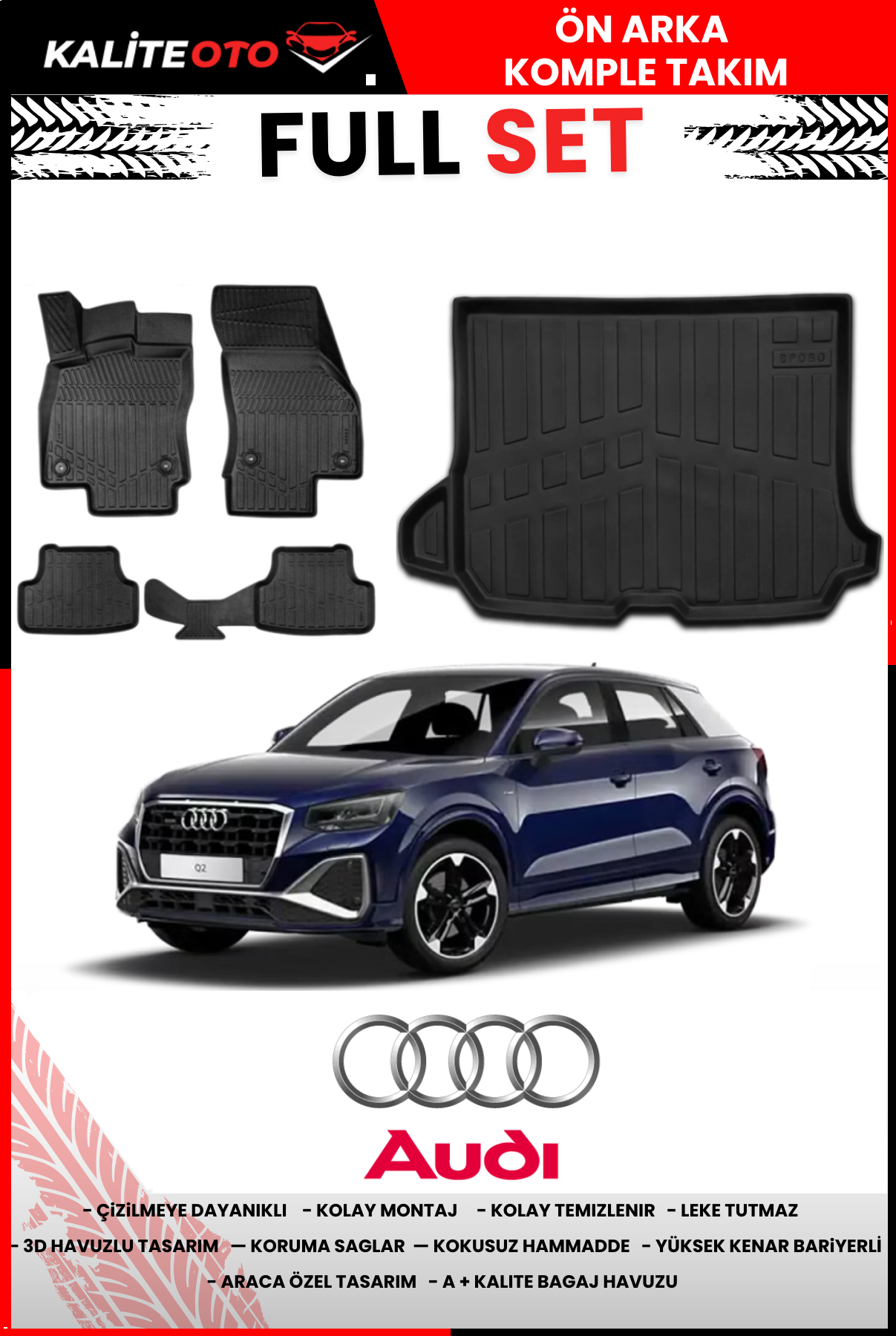 Audi Q2 Uyumlu 2016 Sonrası Bagaj Havuzu+4,5D Havuzlu Paspas Setiii