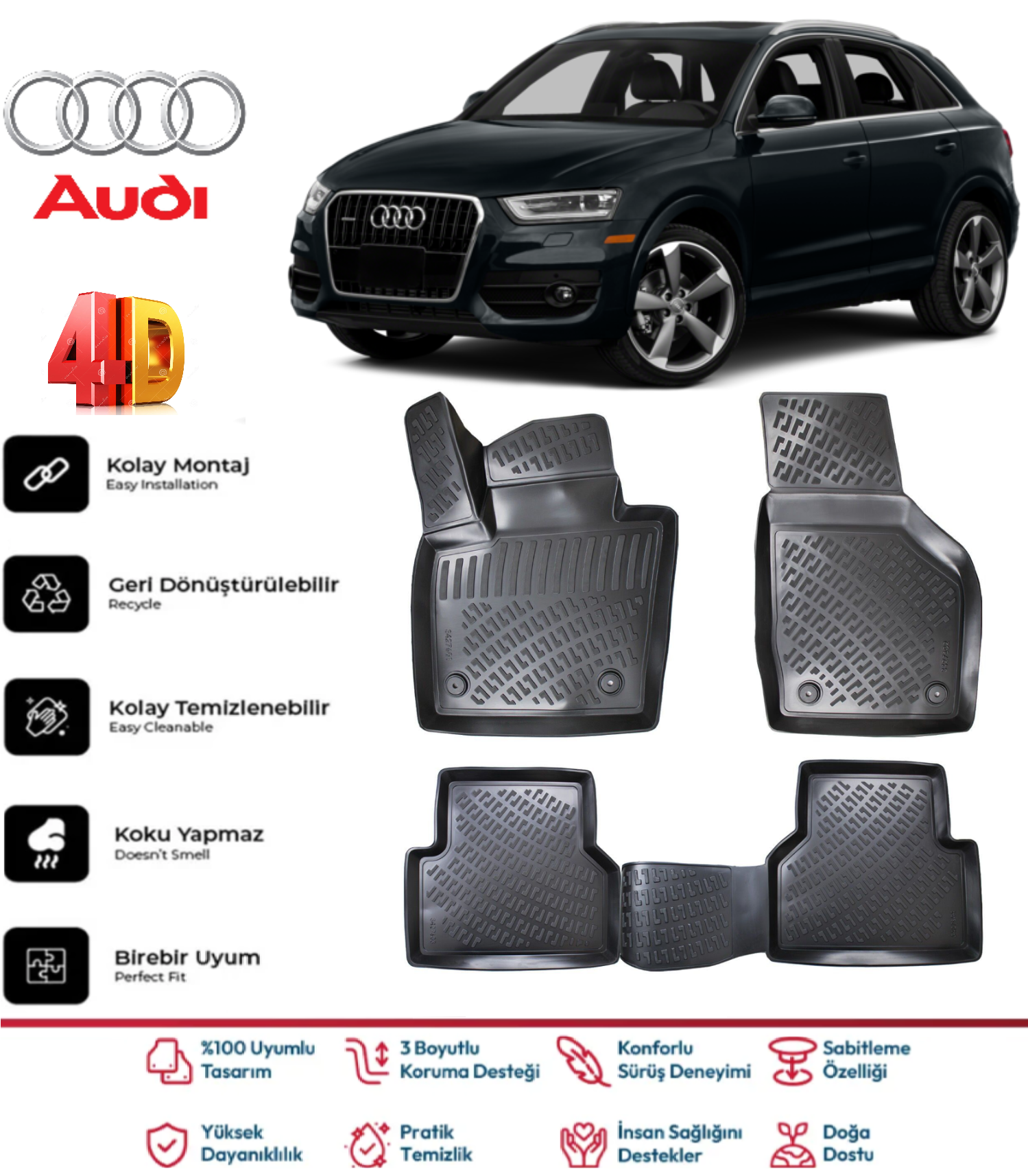 Audi Q3 2011-2018 4.5D Plus Havuzlu Siyah Paspas Takımı Yumuşak