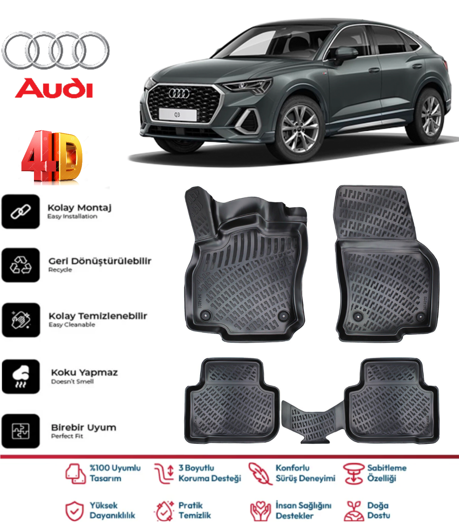Audi Q3 2018 Sonrası 4.5D Plus Havuzlu Siyah Paspas Takımı Yumuşak