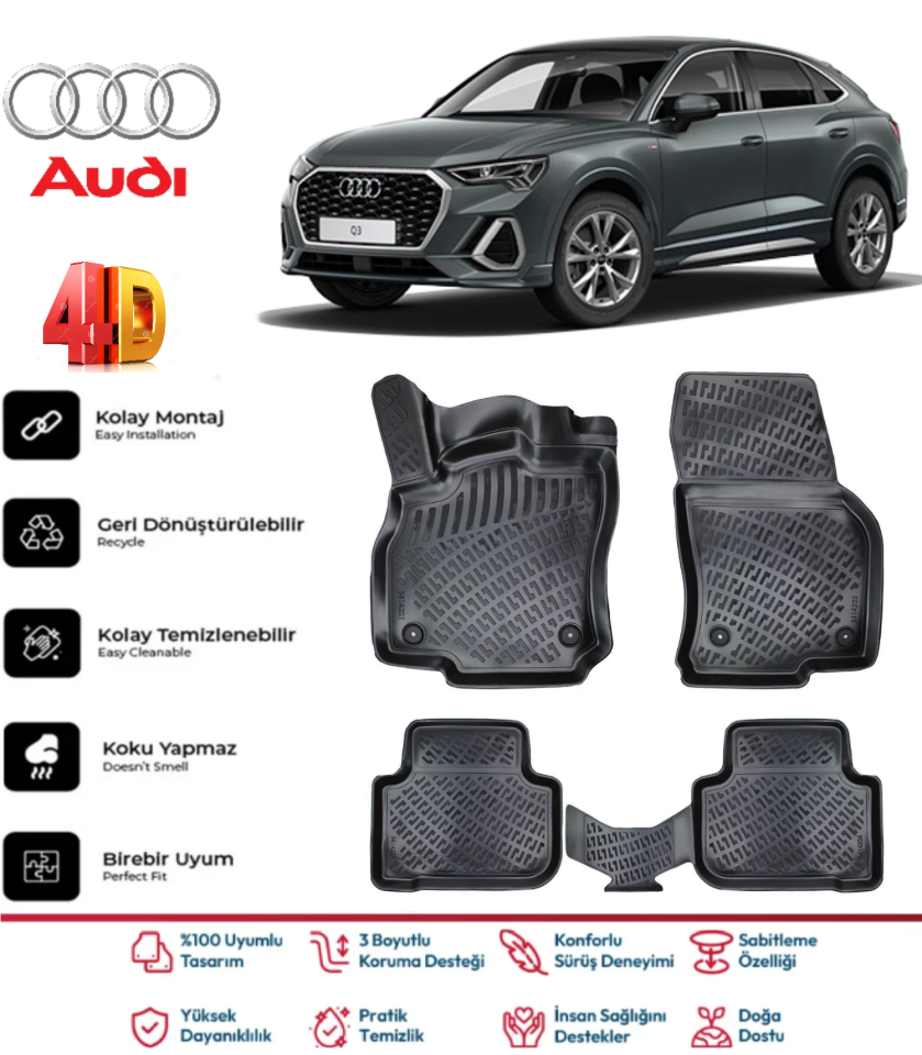 Audi Q3 2018 Sonrası 4.5D Plus Havuzlu Siyah Paspas Takımı Yumuşak