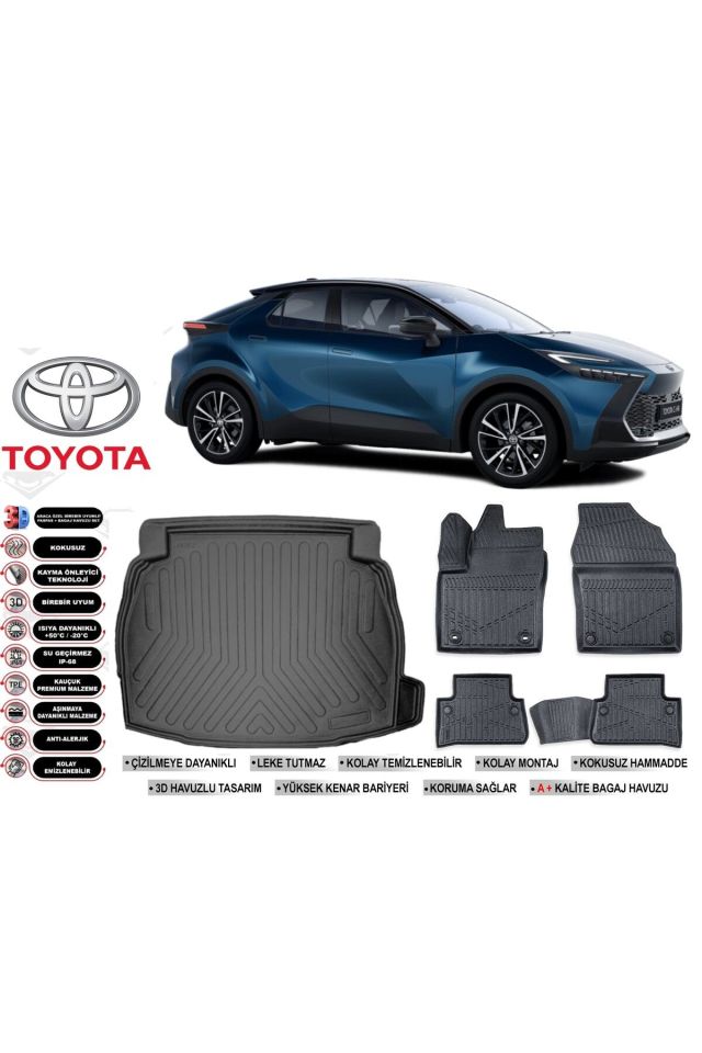 Toyota C-HR 2025 Model Ses Sistemli Bagaj Havuzu Araca Özel Siyah Extra Havuzlu Paspas Takımı