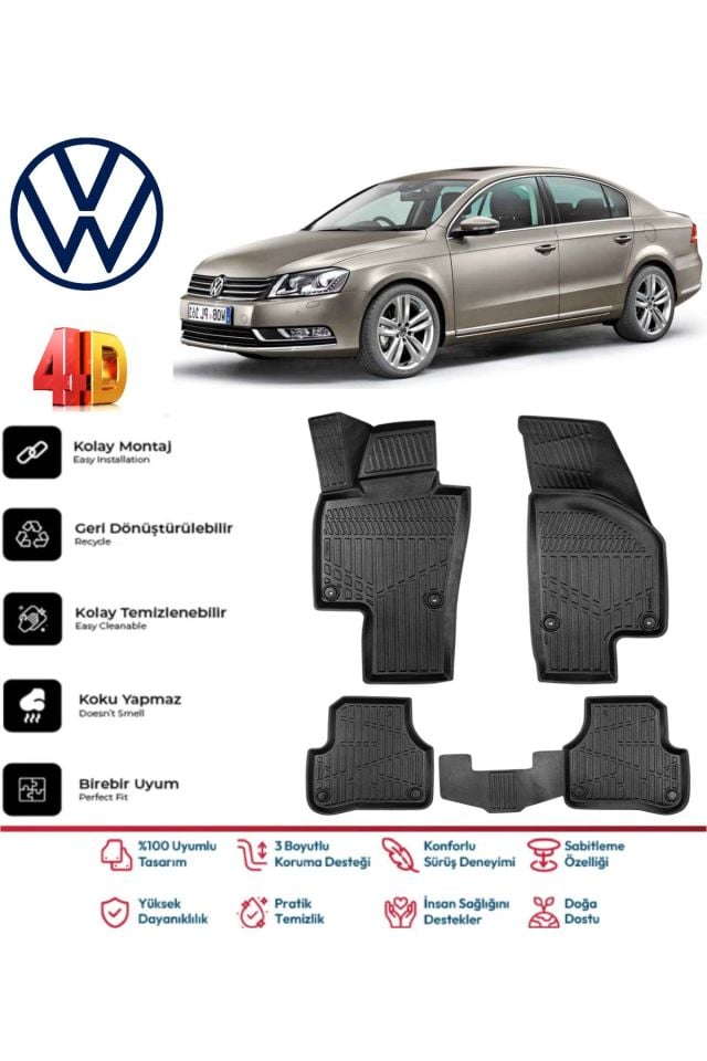 Volkswagen Passat B7 2011-2014 4.5D Plus Havuzlu Siyah Paspas Takımı Yumuşak