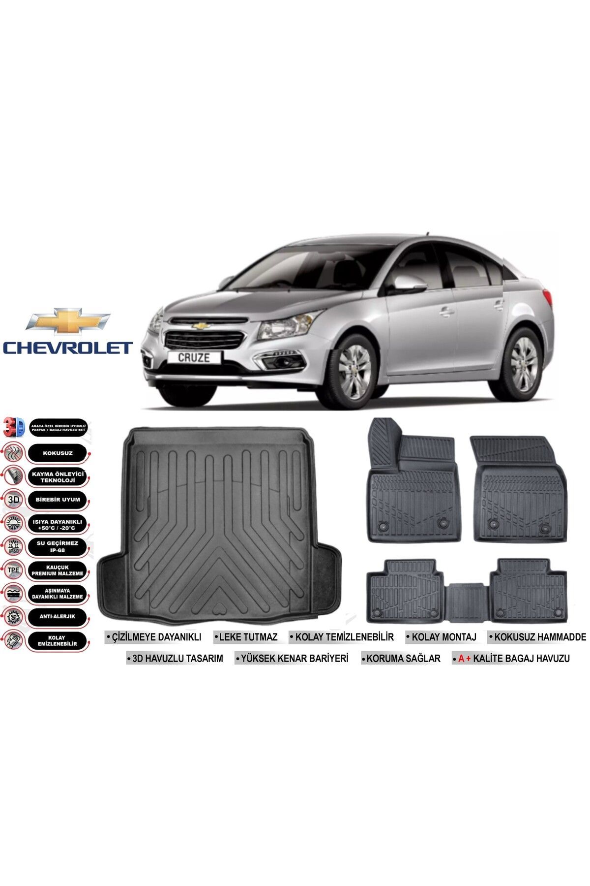 Chevrolet Cruze Sedan 2011 Model Çift Kulak Bagaj Havuzu Araca Özel Siyah Havuzlu Paspas Takımı Sett