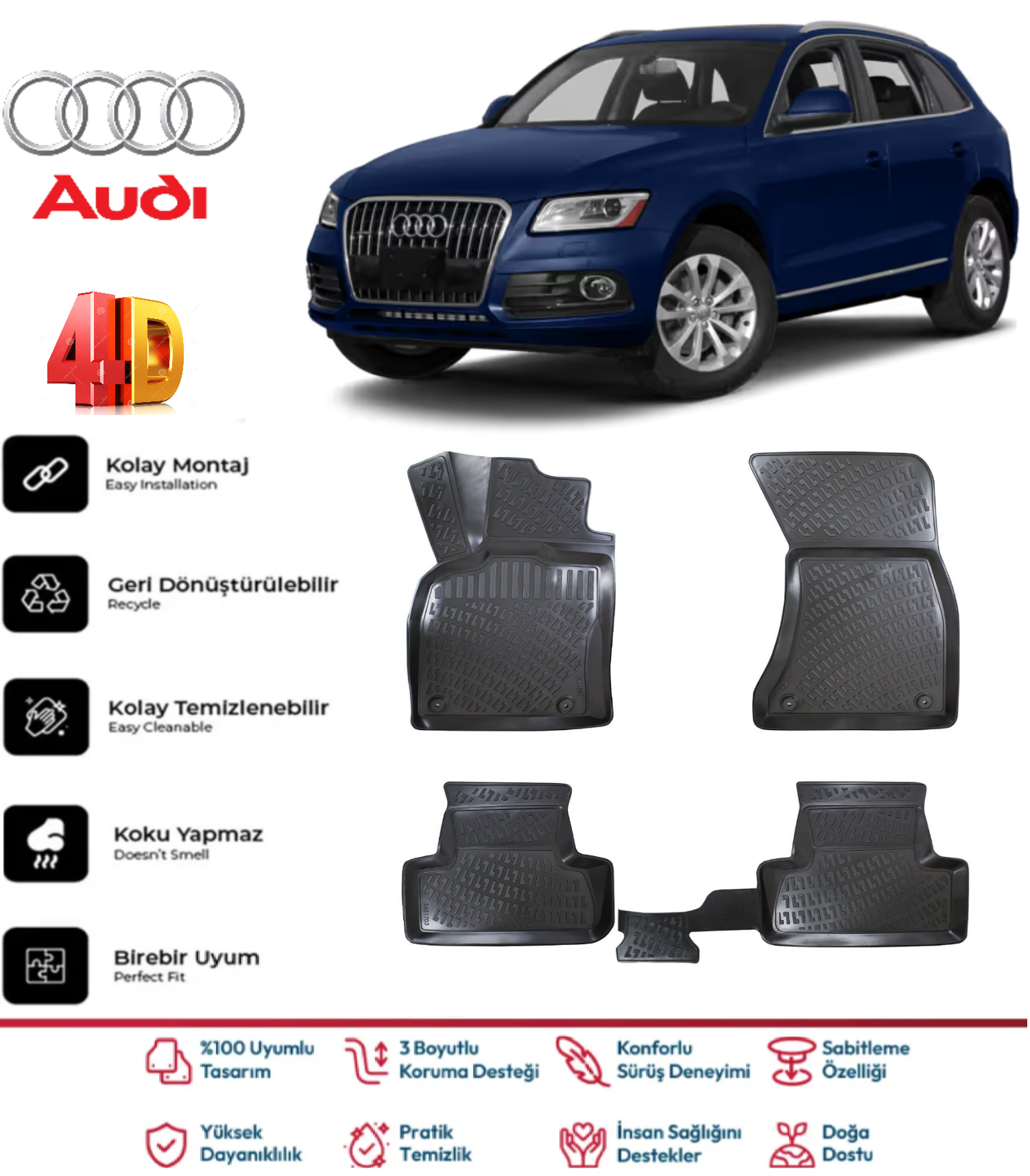 Audi Q5 2008-2015 4.5D Plus Havuzlu Siyah Paspas Takımı Yumuşak