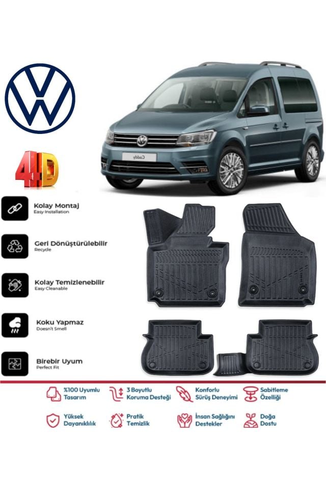 Volkswagen Caddy 2015-2020 4.5D Plus Havuzlu Siyah Paspas Takımı Yumuşak