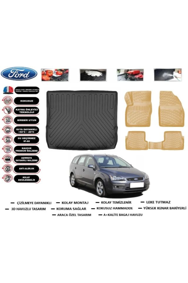 Ford Focus 2 STW 2005 Model Bagaj Havuzu+Araca Özel Bej Paspas Takımı Flex