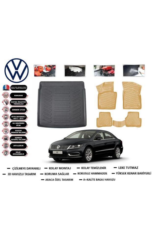 Volkswagen CC 2008 Sonrası Bagaj Havuzu+Araca Özel Bej Paspas Takımı
