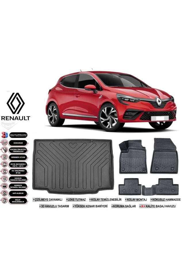 Renault Clio 5 2023 Model Bagaj Havuzu Araca Özel Siyah Havuzlu Paspas Takımı Sett