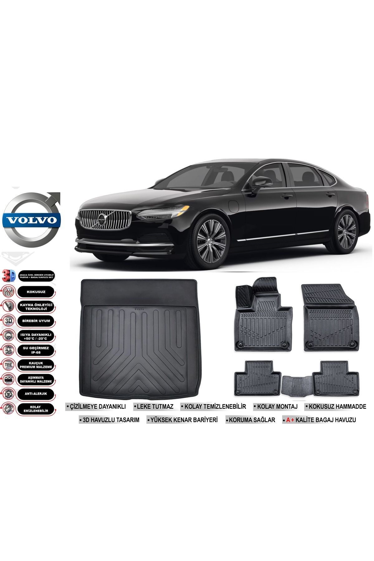 Volvo S90 2019 Model Bagaj Havuzu Araca Özel Siyah Kokusuz Havuzlu Paspas Takımı