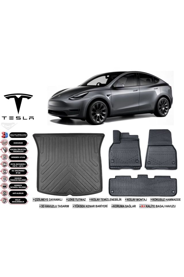 Tesla Model Y 2024 Model Bagaj Havuzu Araca Özel Siyah Havuzlu Paspas Takımı Sett