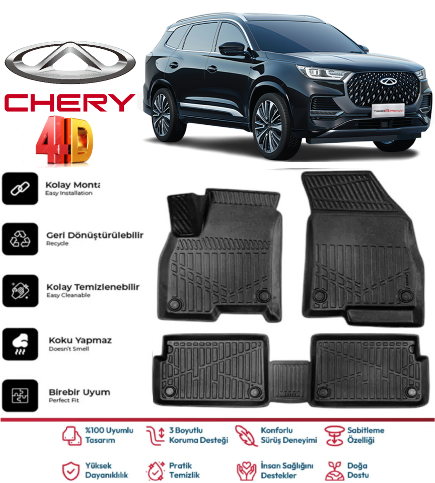 Chery Tiggo 8 2022 Sonrası 4D Araca Özel Havuzlu Kokusuz Paspas Takımıı