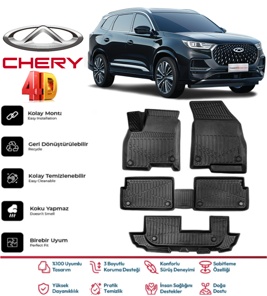 Chery Tiggo 8 7 Kişilik 2022 Sonrası 4D Araca Özel Havuzlu Kokusuz Paspas Takımıı