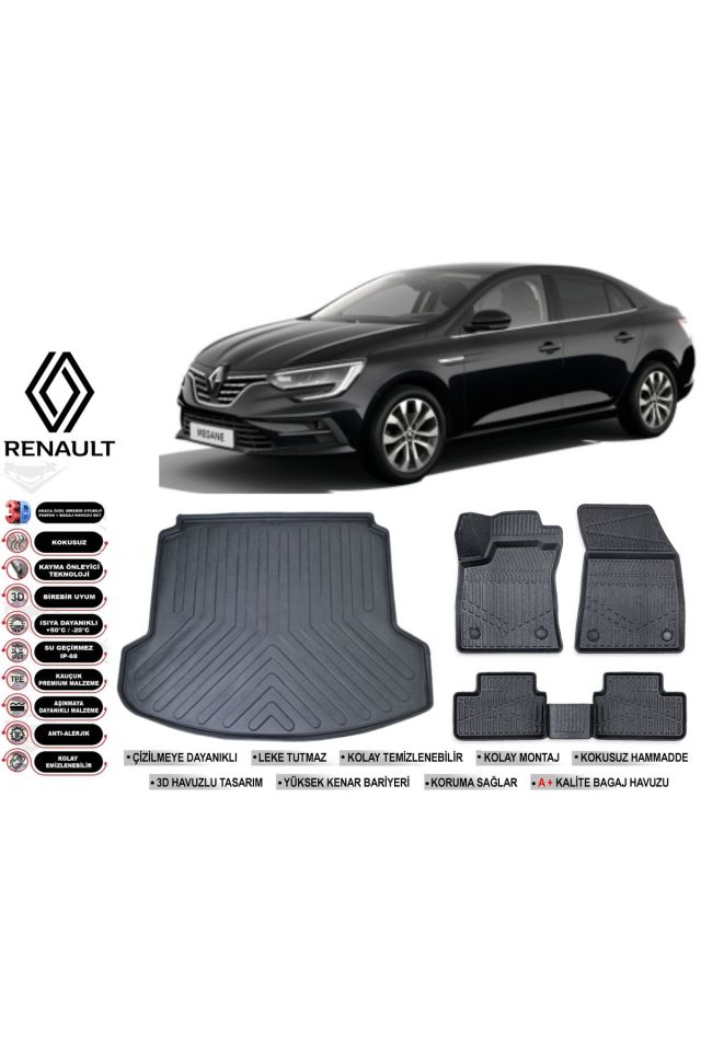 Renault Megane 4 2021 Model Çift Kulak Bagaj Havuzu Araca Özel Siyah Kokusuz Havuzlu Paspas Takımı