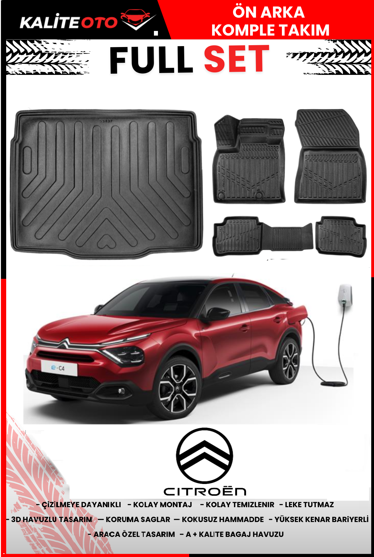 Citroen C4 2020 Ve Sonrası 3D Bagaj Havuzu+4D Havuzlu Paspas Seti(Elektrikli)