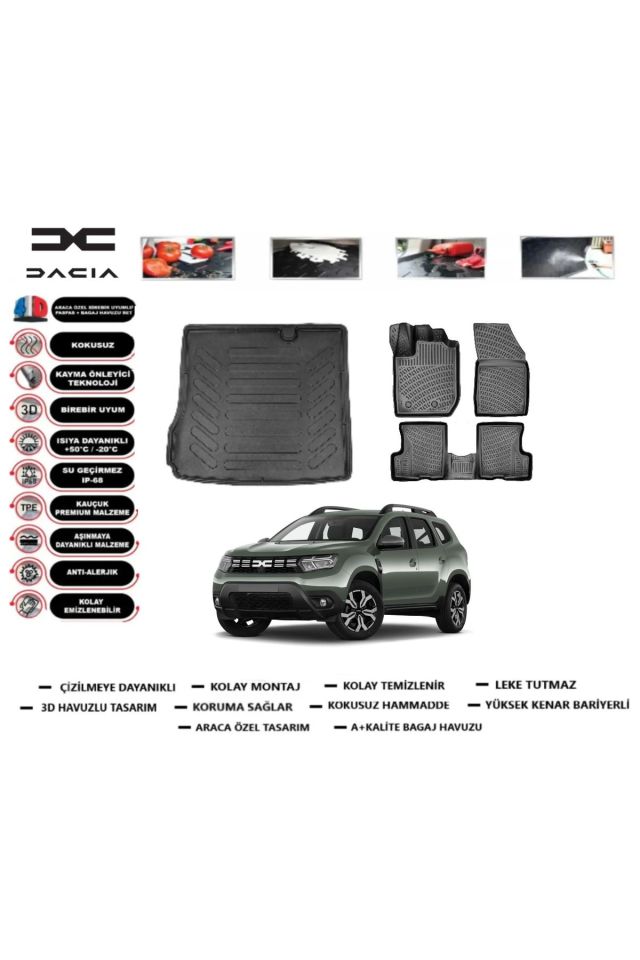 Dacia Duster 2 WD (4x2) 2023 Model Bagaj Havuzu Araca Özel Paspas Takımı Prrox