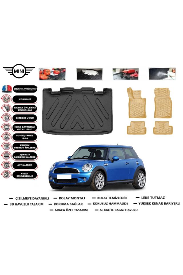 Mini Cooper R56 2009 Model Bagaj Havuzu(paspası)+Araca Özel Bej Paspas Takımı Flex