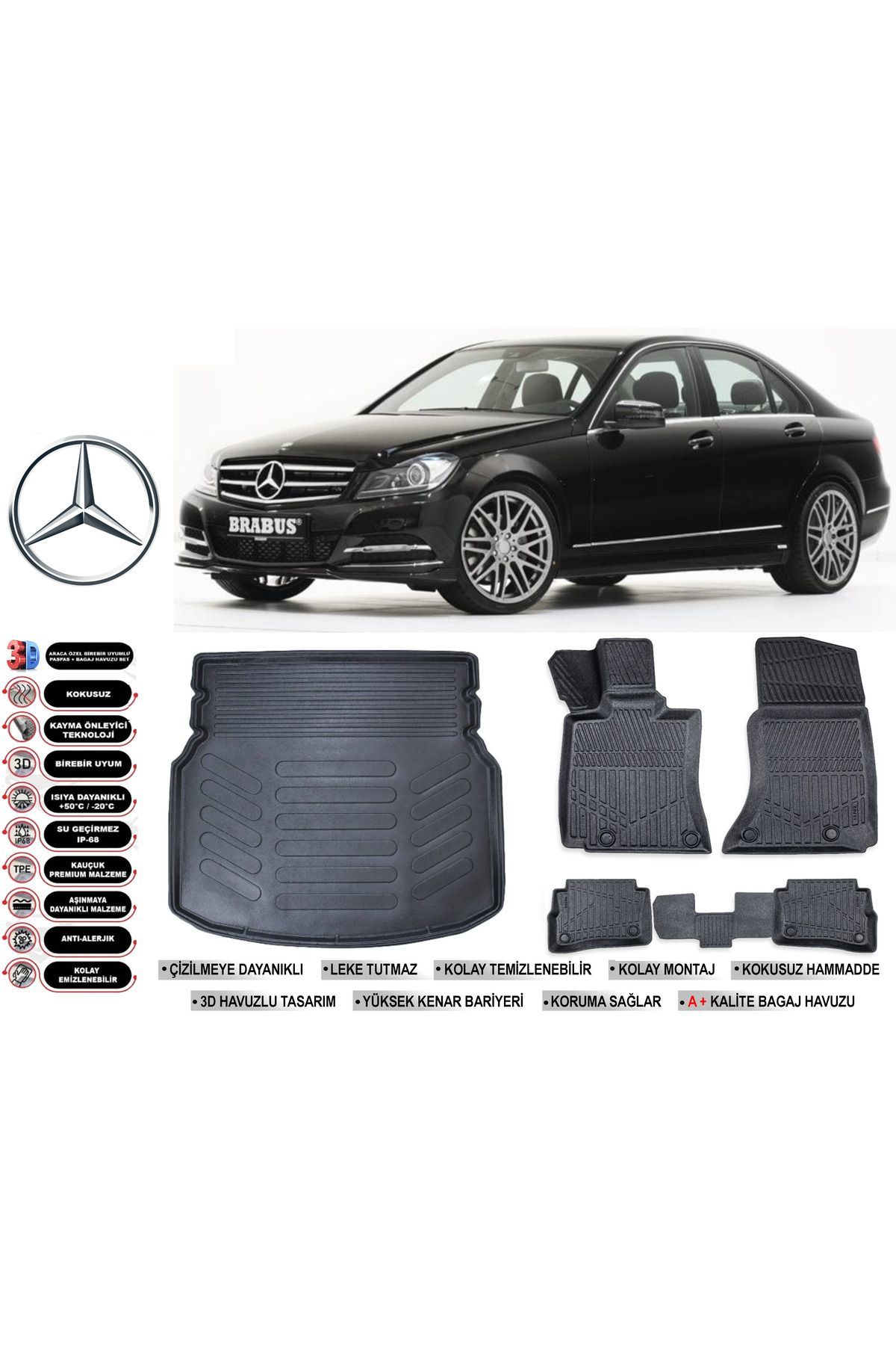 Mercedes C Serisi W204 2009 Model Rampalı Bagaj Havuzu Araca Özel Siyah Extra Havuzlu Paspas Takımı