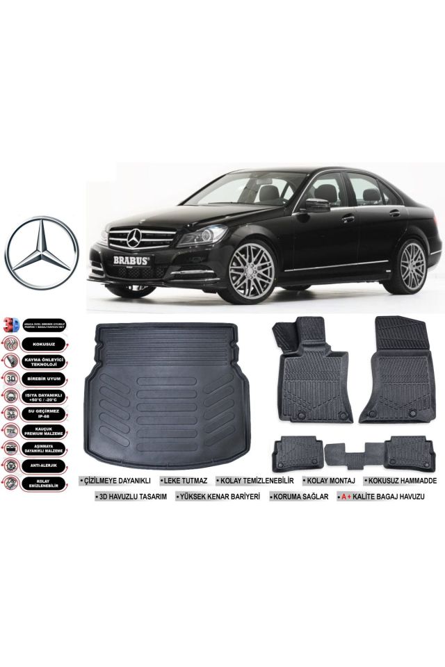 Mercedes C Serisi W204 2009 Model Rampalı Bagaj Havuzu Araca Özel Siyah Extra Havuzlu Paspas Takımı