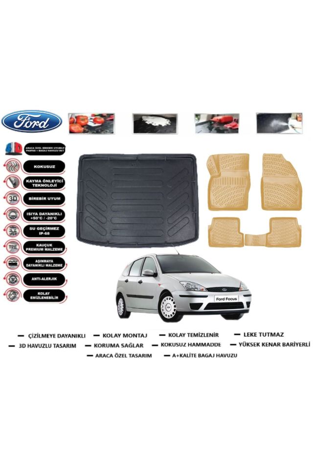 Ford Focus 1 HB 2002 Model Bagaj Havuzu+Araca Özel Bej Paspas Takımı Flex