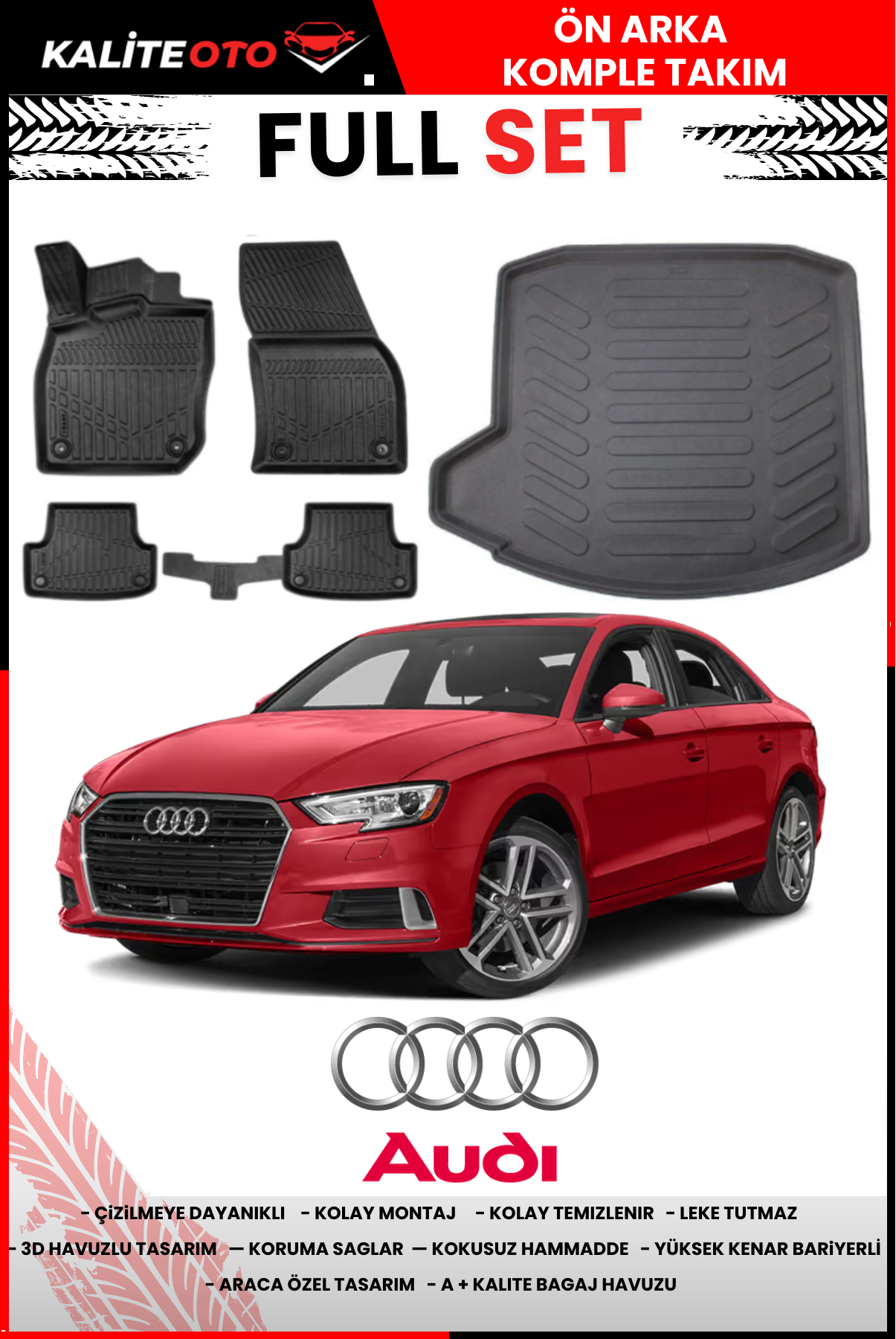 Audi A3 Sedan 2013-2020 Bagaj Havuzu+Araca Özel Paspas Takımı