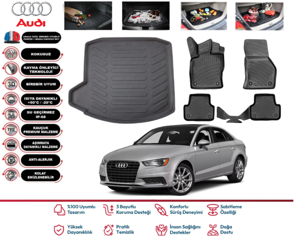 Audi A3 Sedan 2013-2020 Bagaj Havuzu+Araca Özel Paspas Takımı