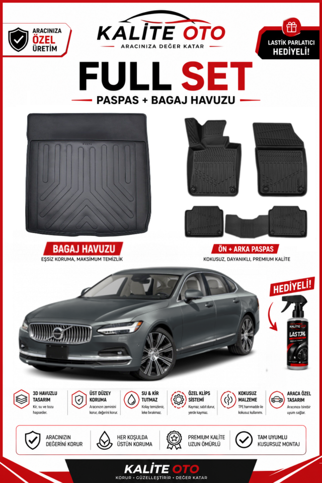 Volvo S90 2016 Sonrası 3D Bagaj Havuzu+3D Araca Özel Paspas Takımı Luxury Serisi
