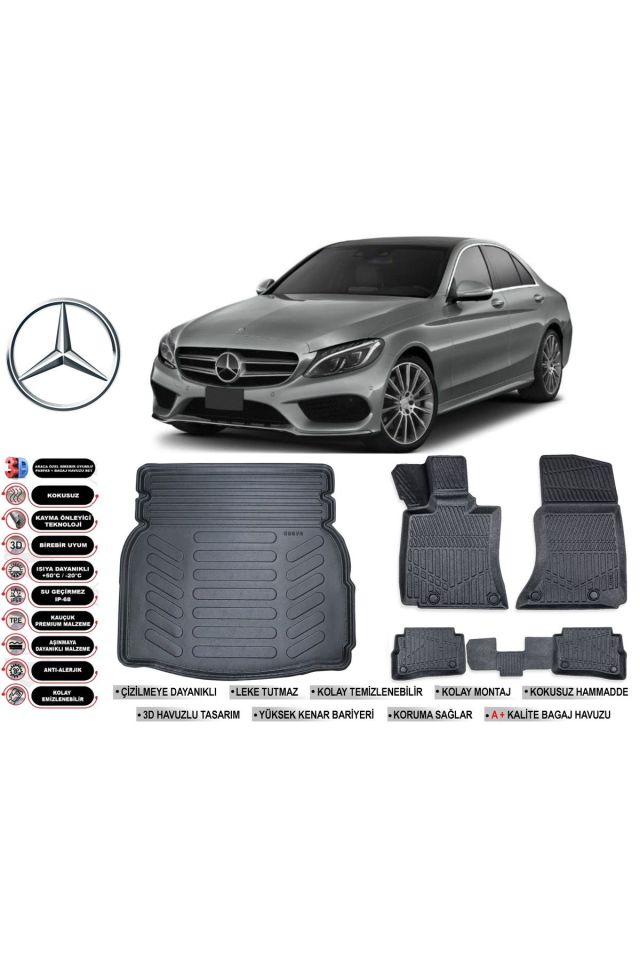 Mercedes C Serisi W205 2021 Model Rampalı Bagaj Havuzu Araca Özel Siyah Extra Havuzlu Paspas Takımı