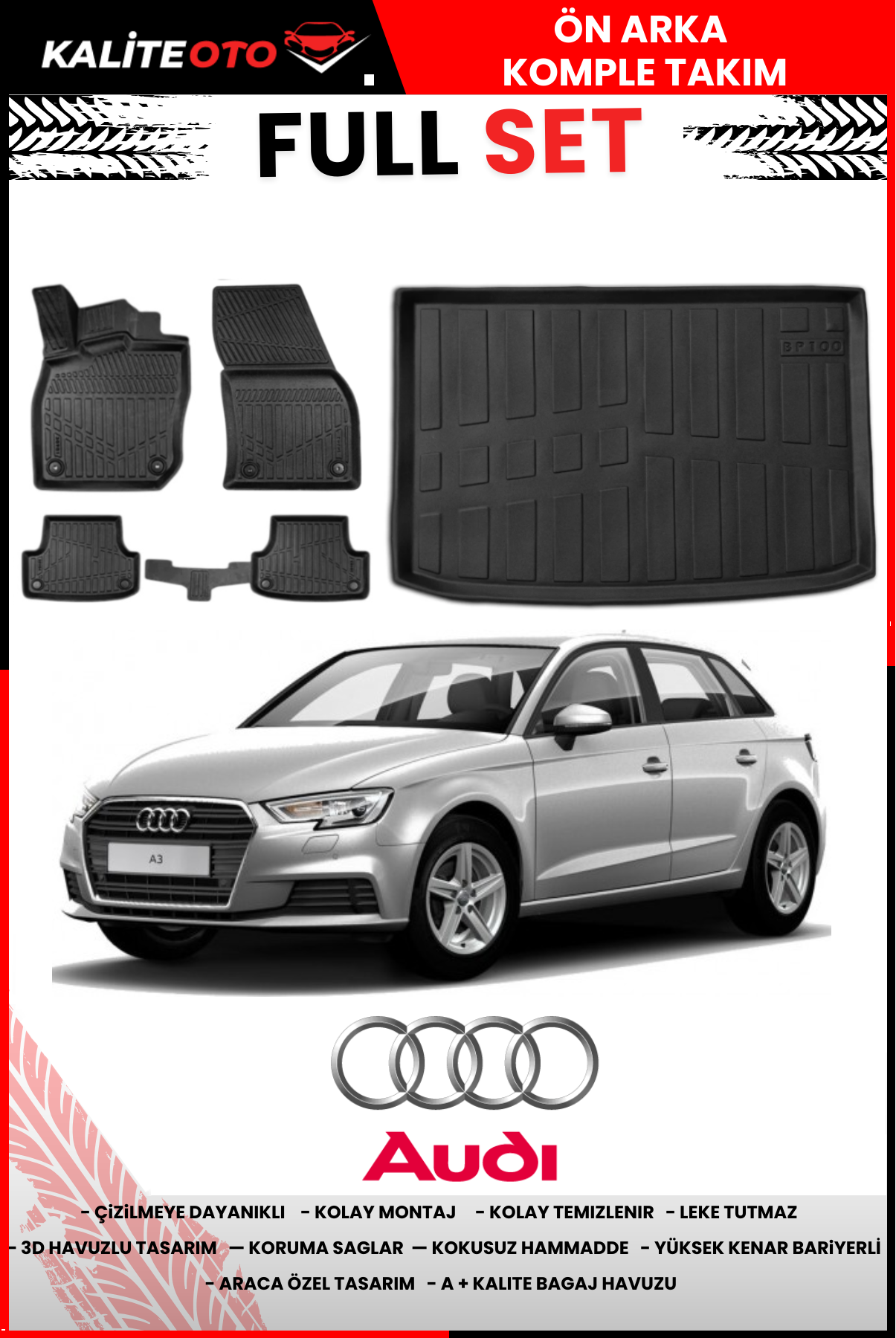 Audi A3 Hatchback 2013-2020 Bagaj Havuzu Araca Özel Paspas Takımı