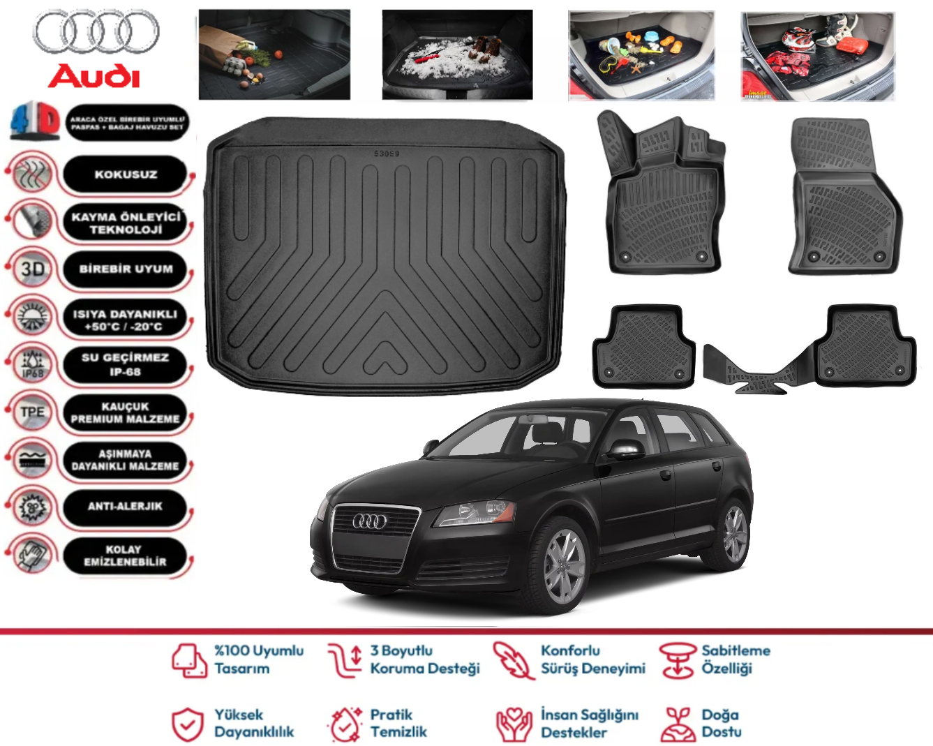 Audi A3 Hatchback 2013-2020 Bagaj Havuzu Araca Özel Paspas Takımı