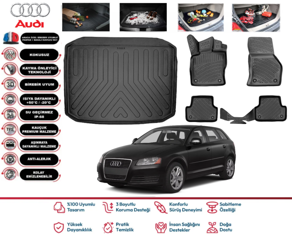 Audi A3 Hatchback 2013-2020 Bagaj Havuzu Araca Özel Paspas Takımı