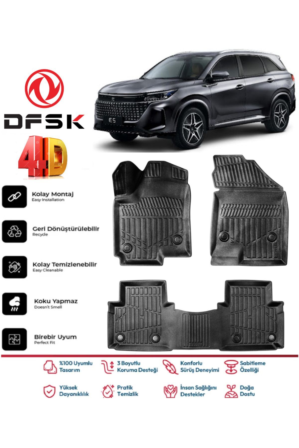 DFSK E5 Plug-in 2024 Ve Sonrası 4.5D Plus Havuzlu Siyah Paspas Takımı Yumuşak