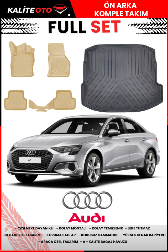 Audi A3 Sedan 2020 Sonrası Bagaj Havuzu Araca Özel Bej Paspas Takımı