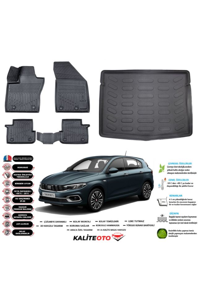 Fiat Egea Hatchback 2025 Model Stepneli Esnek Bagaj Havuzu Araca Özel Siyah Paspas Takımı