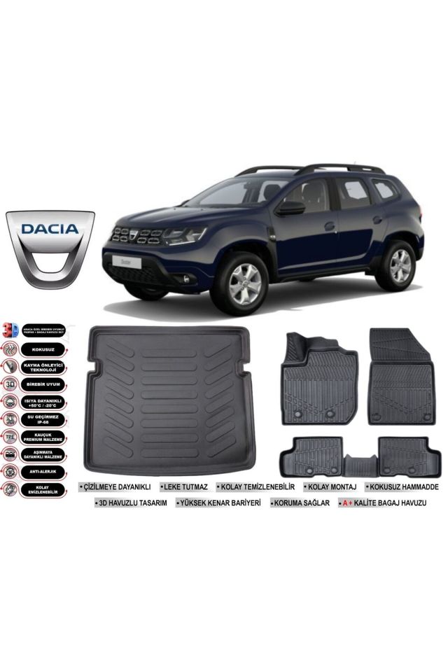 Dacia Duster 4X4 2020 Model Bagaj Havuzu Araca Özel Siyah Havuzlu Paspas Takımı Sett