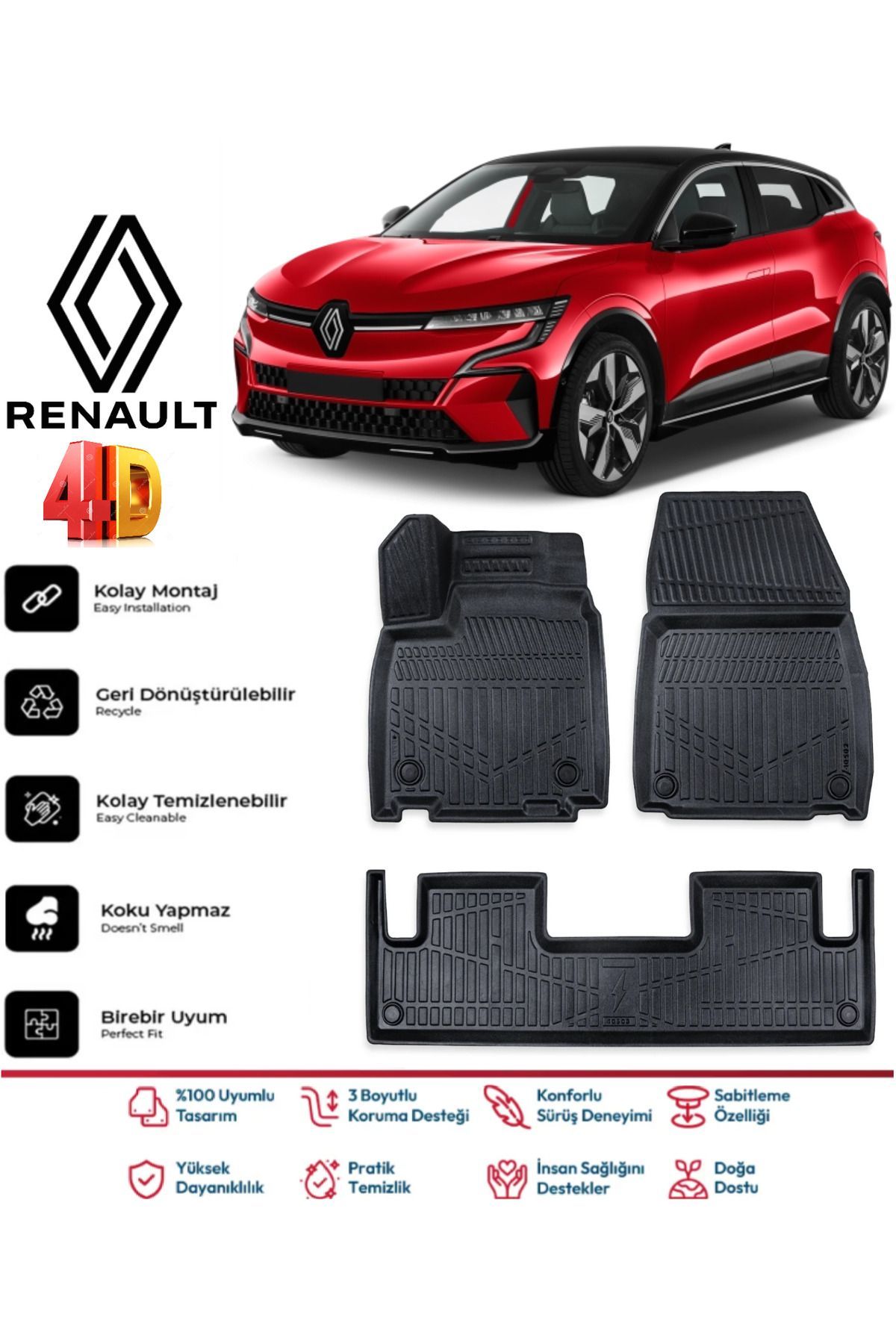 Renault Megane E-Tech 2022 Ve Sonrası 4.5D Plus Havuzlu Siyah Paspas Takımı Yumuşak