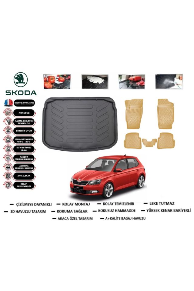 Skoda Fabia 2018 Model Bagaj Havuzu(paspası)+Araca Özel Bej Paspas Takımı Flex