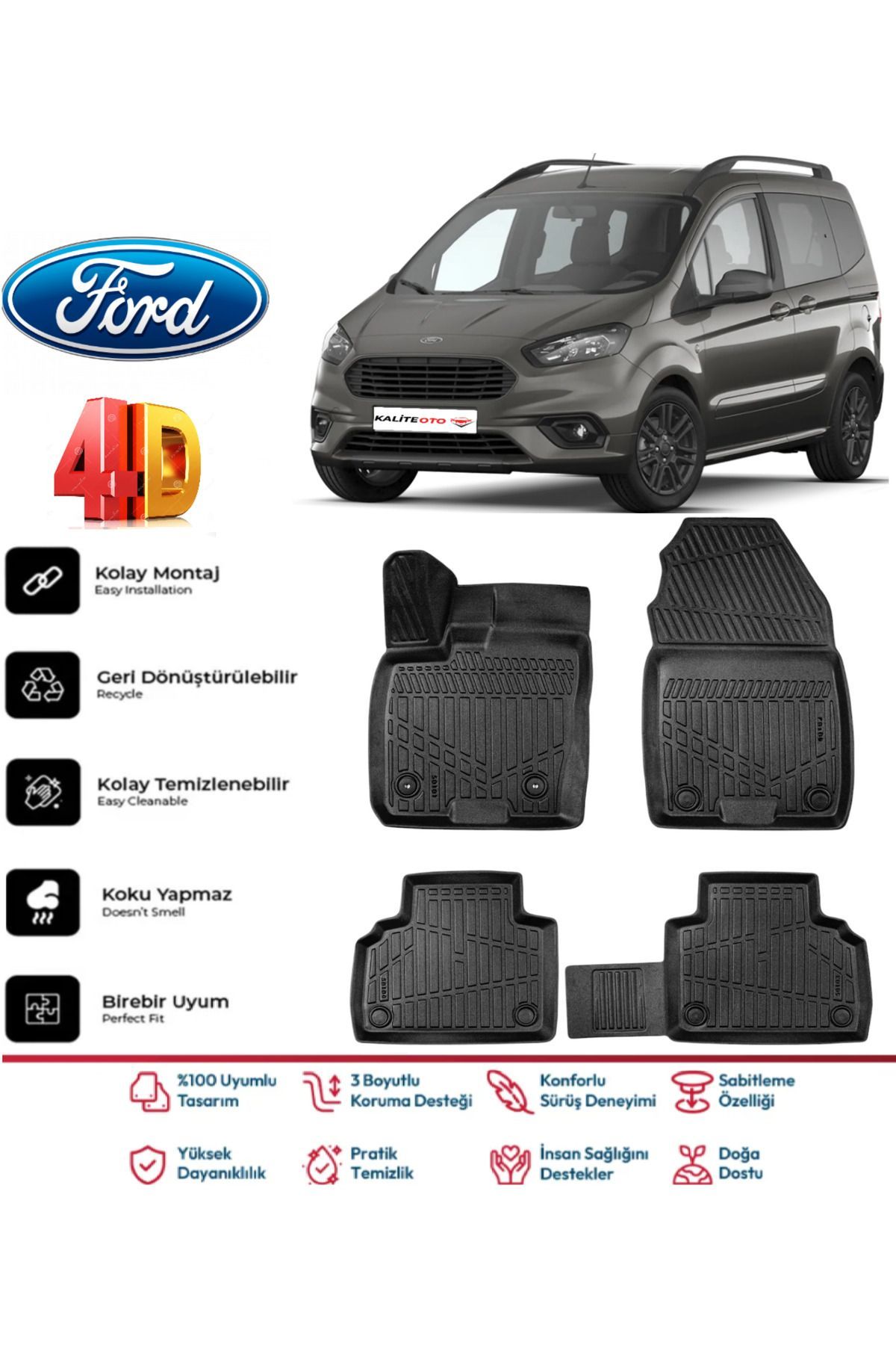 Ford Courier 2014-2023 4.5D Plus Havuzlu Siyah Paspas Takımı Yumuşak