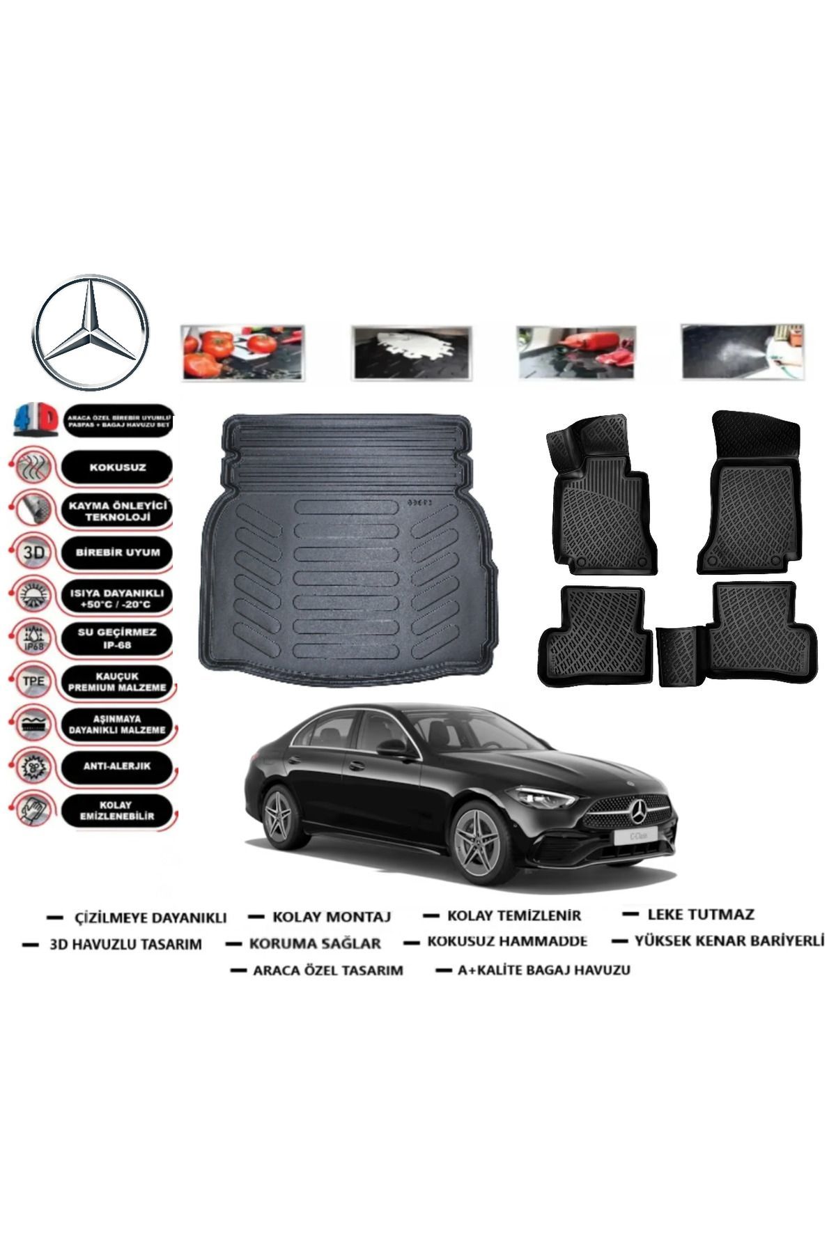 Mercedes C Serisi W205 2020 Model Rampalı Bagaj Havuzu Araca Özel Paspas Takımı Prrox