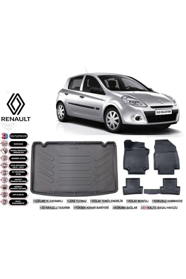Renault Clio 3 2006 Model Kancalı Bagaj Havuzu Araca Özel Siyah Havuzlu Paspas Takımı Sett