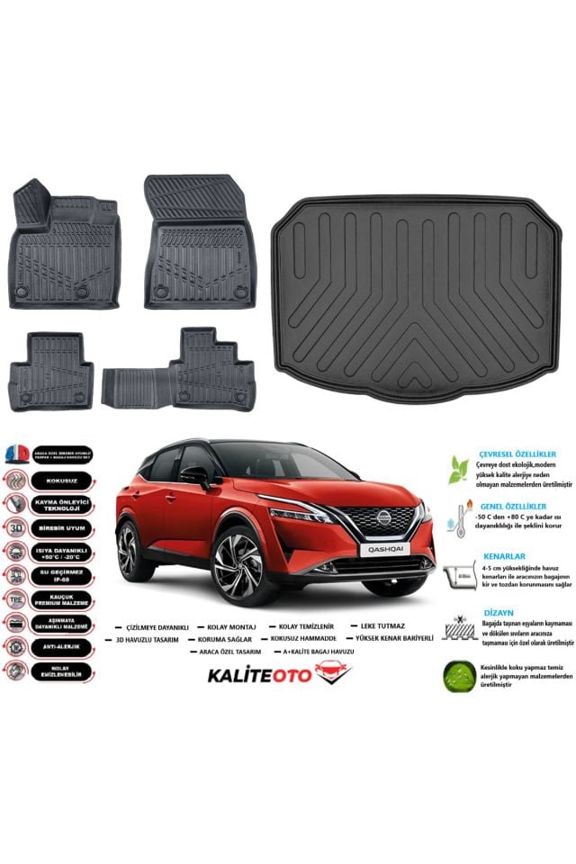 Nissan Qashqai 2024 Model Alt Esnek Bagaj Havuzu Araca Özel Siyah Paspas Takımı