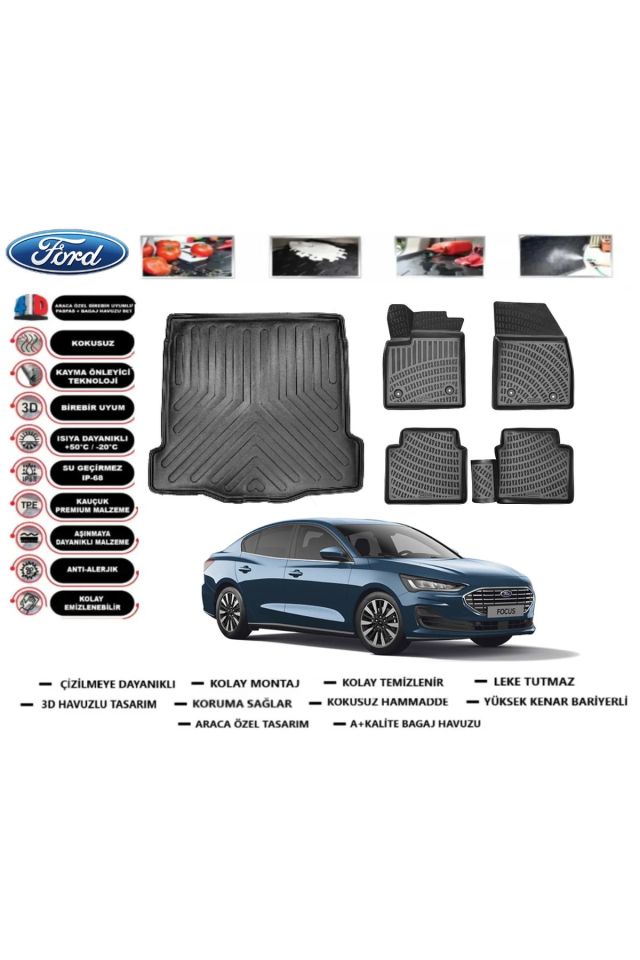 Ford Focus 4 Sedan 2021 Model İnce Stepne Bagaj Havuzu Araca Özel Paspas Takımı Prrox