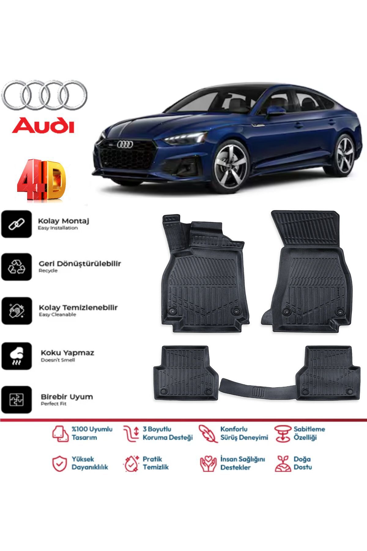 Audi A5 2008-2015 4.5D Plus Havuzlu Siyah Paspas Takımı Yumuşak