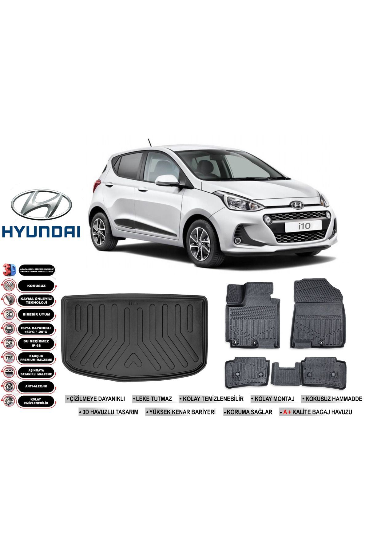 Hyundai İ10 2014 Model Bagaj Havuzu Araca Özel Siyah Kokusuz Havuzlu Paspas Takımı