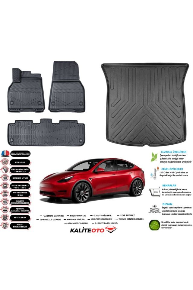 Tesla Model Y 2025 Model Esnek Bagaj Havuzu Araca Özel Siyah Paspas Seti
