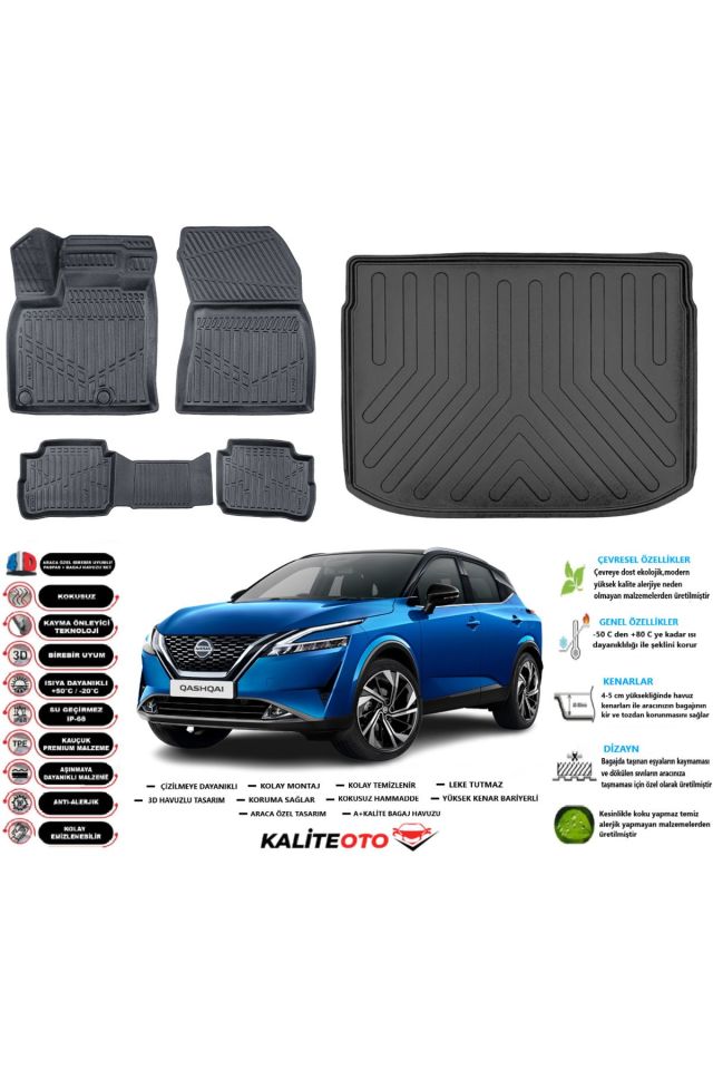 Nissan Qashqai E-Power 2023 Model Üst Esnek Bagaj Havuzu Araca Özel Siyah Paspas Seti